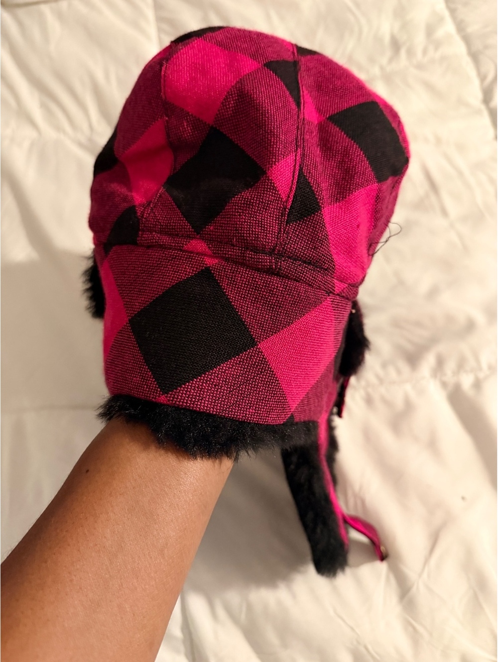 Pink and Black Plaid Trapper Hat with Faux Fur Lining